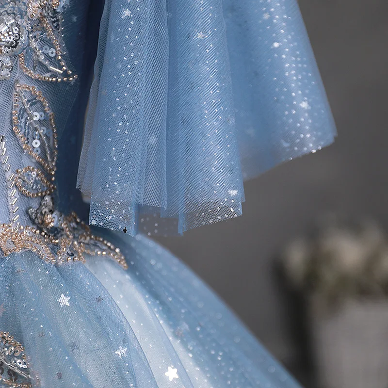 Sukienka wieczorowa damska szaro-niebieska z brokatem, luksusowa, modna, z siateczki, na występy, spotkania roczne, dla prowadzącej, 2025