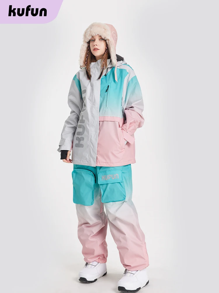 

Gradient Ski Suit Girl Waterproof Warm Loose Cotton Clip Snowboard Pink Purple Woman Adult Men Winter Outdoor Jacket Coat Pants