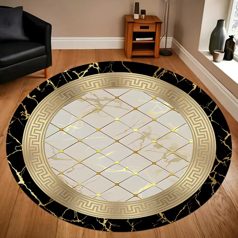 Marble Round Area Rug Greek Key Motif Marble Decor Base Floral Non-Slip Rug Round Carpet Non-Slip Floor Living Room Bedroom Mat