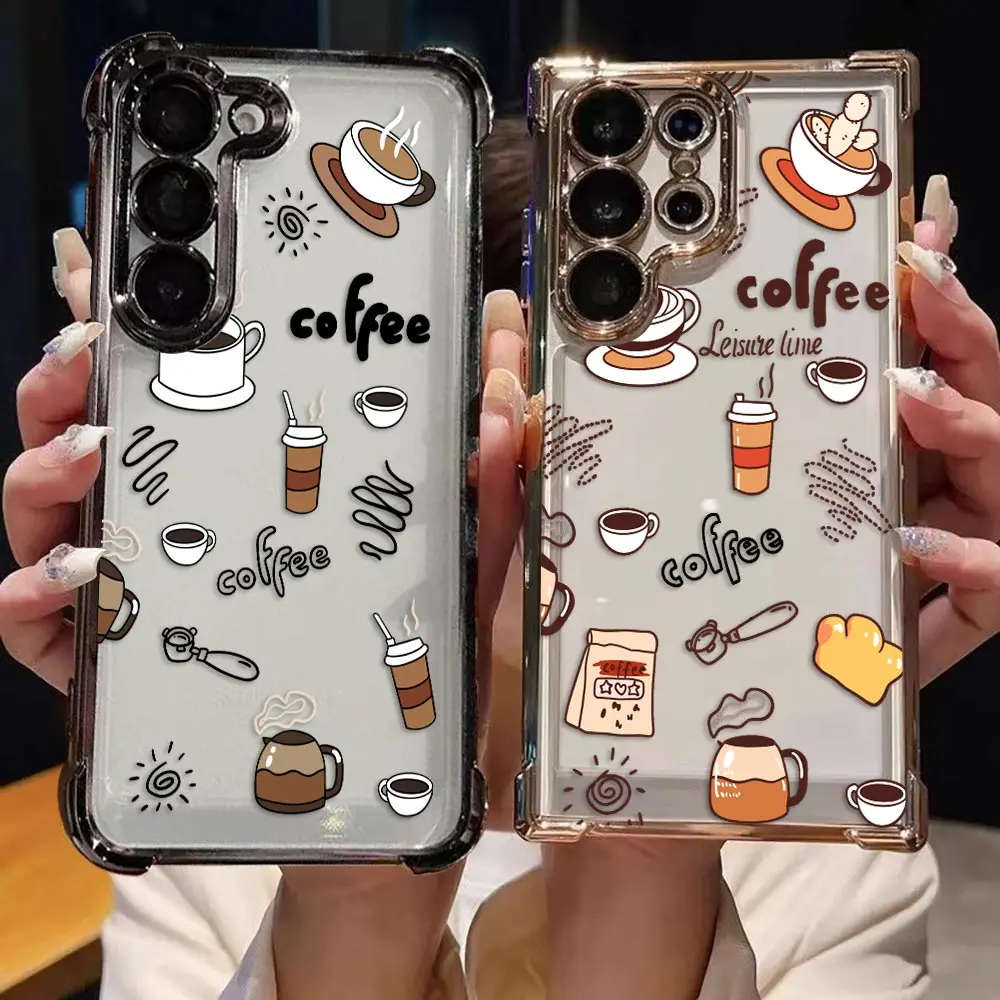Transparent Plating Phone Case For Samsung S26 S25 S24 S23 S22 S21 S20 FE NOTE 20 PLUS ULTRA Shell Case Cover Coffee Break Time