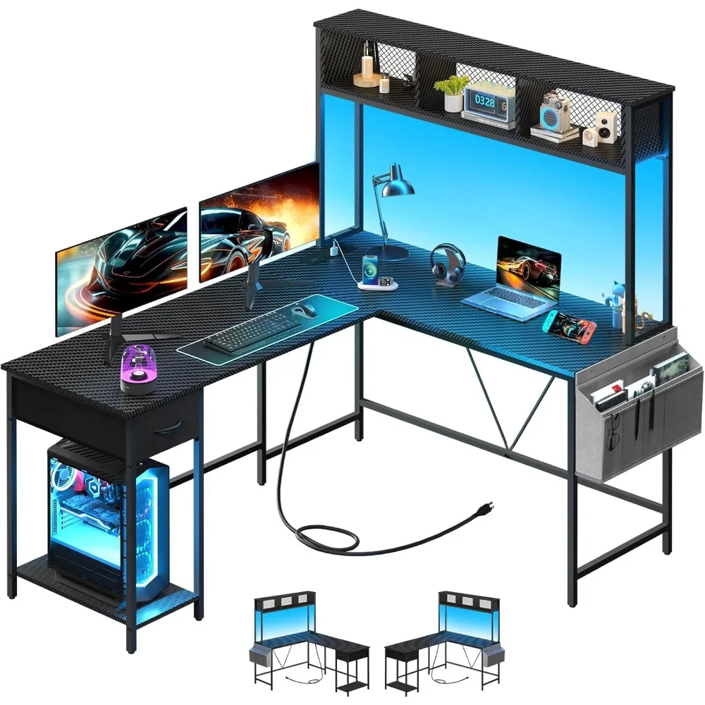 

L-shaped desktop gaming table with LED light strip and power socket, reversible L-shaped computer desk with drawers corner table