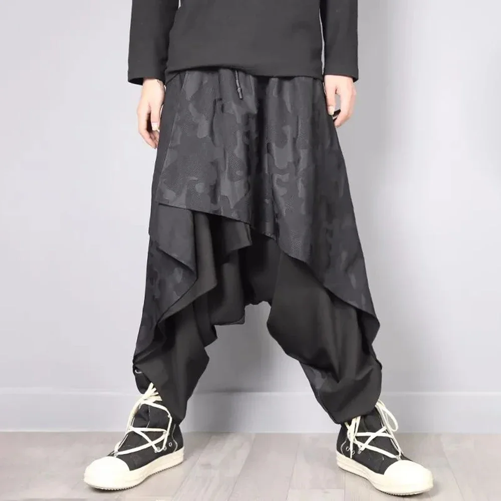 Mens Dark Style Double Layer Irregular Skirts 2024 New Genderless Fashion Personality Solid Color Loose Wide Leg Pants Unisex