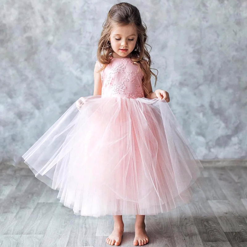 

Pink Flower Girl Dresses Tulle Flowers Appliques Sleeveless For Wedding Birthday Party Banquet Holy Communion Gown