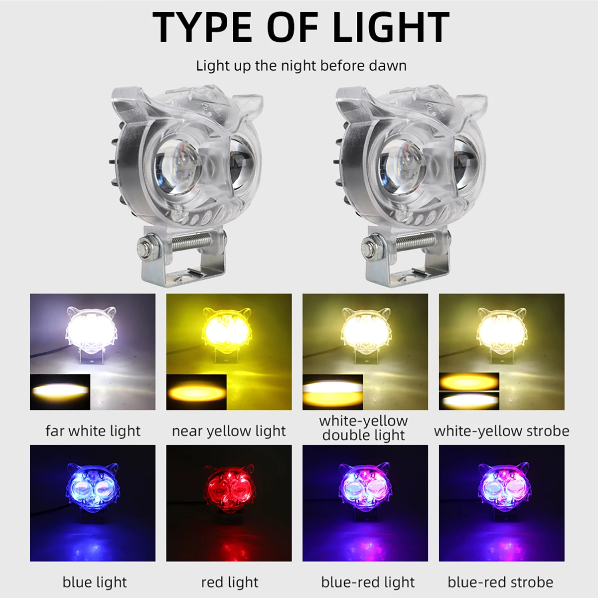 LED Motorcycle Spotlights Owl/Tiger Shape Driving Lights Scooter Motorbikes Auxiliary Lamp White Yellow/Red/Blue Various Lightin