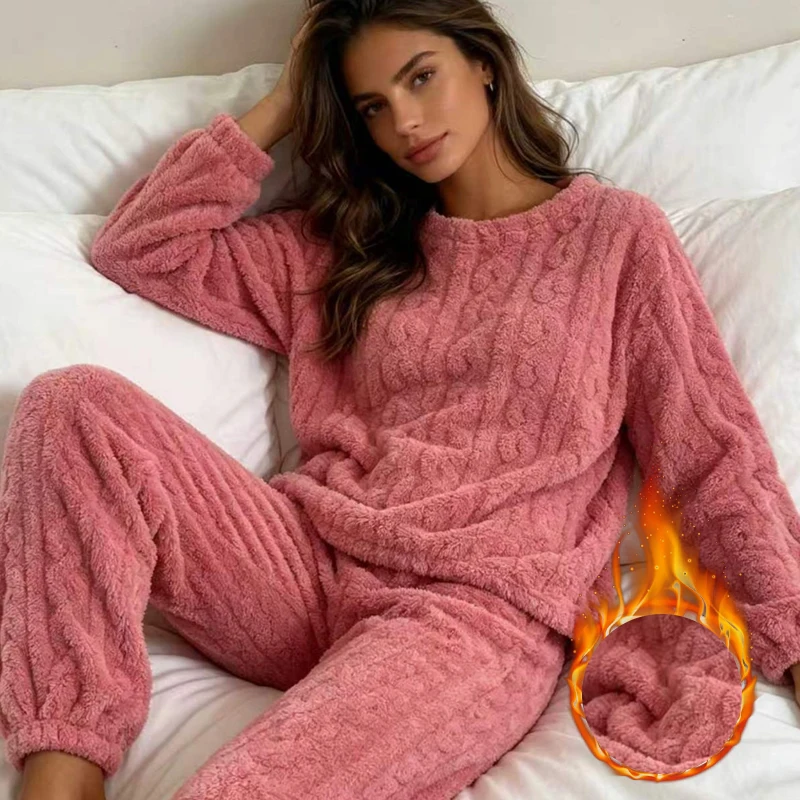 2Pc Winter Thermal Coral Velvet Jacquard Pajama Set Women Solid Color Warm Sleepwear Ladies New Comfortable Thickened Loungewear