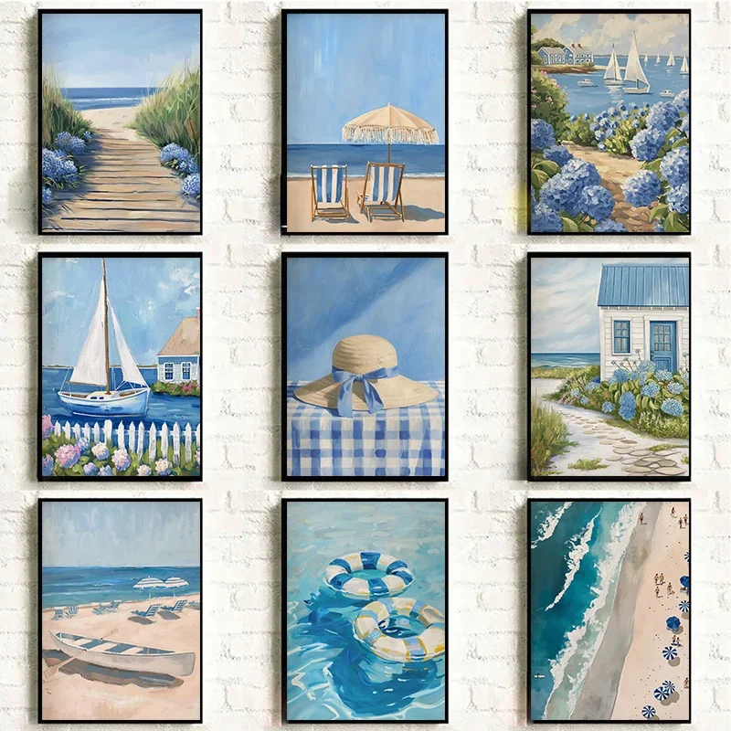 Blue Coastal Beach Sailboat Hydrangea Posters Prints Landscape Canvas Painting Wall Art Pictures Living Room Home Decor Cuadr