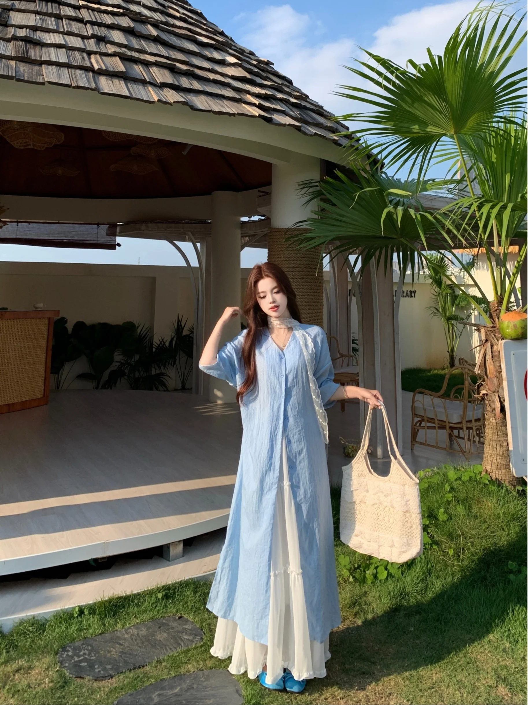 

plus Size Summer Gentle Shirt Dress Casual Loose Set Fashionable A-Line Skirt V-Neck Long Sleeve Thin Material Korean Style