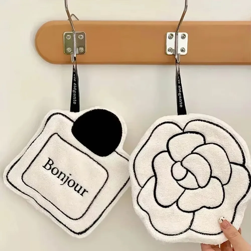 Absorbent Coral Velvet Embroidery Hanging Hand Towel for Bathroom No-shedding Double-layer Quick-dry Kitchen Towel for Hand Wipe