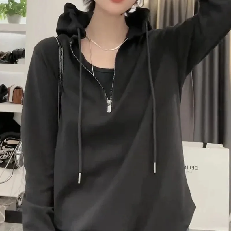 

Pure Cotton European Mid-length Hooded Long-sleeved T-shirt Women's Spring Hip-covering Solid Color Top Trendy