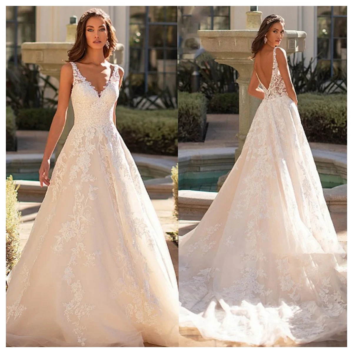 Bohemian Sexy V-neck Sleeveless Wedding Dress Elegant And Romantic Lace Decal A-line Bridal Gown Customization