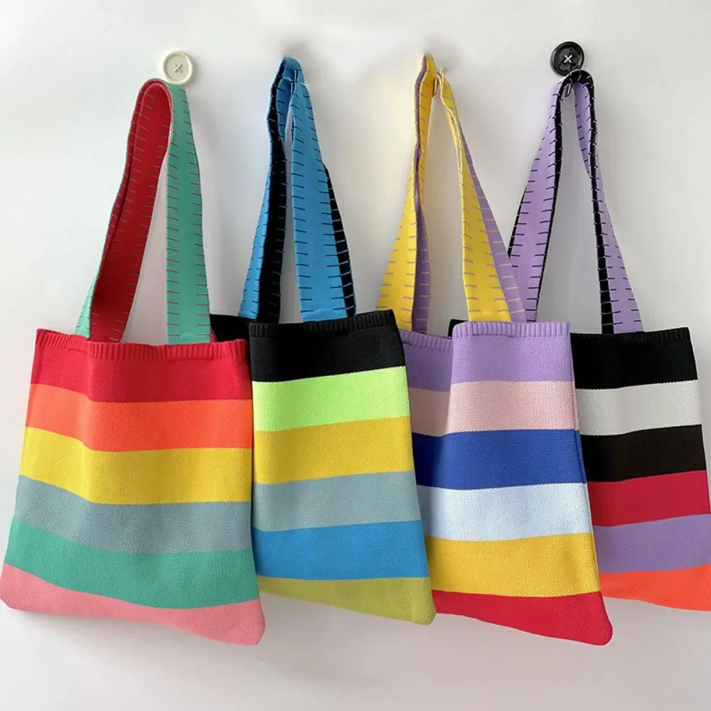 Retro Single Shoulder Bag Multipurpose Portable Multicolor Hand Crocheted Bags Thin Stripe Reusable Woven Tote Bag Shopping