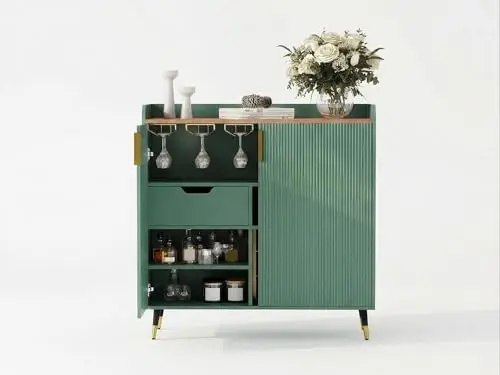 Modern Wine Bar Cabinet, Liquor Cabinet with Fluted Doors, Coffee Bar & Kitchen Sideboard Buffet Cabinet with Wine Rack
