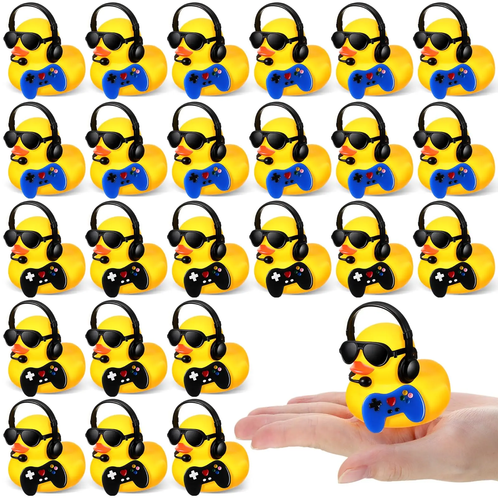 24 Sets Video Game Party Favors Rubber Ducks with Mini Headset Glasses and Controllers Cute Bath Rubber Ducks Small Bathtub Acce