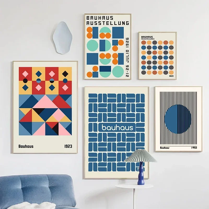 ملصق باوهوس مجردة باللون الأزرق ، خطوط هندسية شمالية لوحة قماشية ، صورة مطبوعة ، فن جداري لغرفة النوم الحديثة ، ديكور المنزل #3