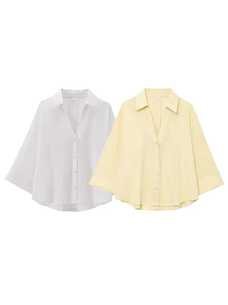 HH-Camiseta corta de manga ancha de lino para mujer, blusa holgada informal de un solo pecho, ropa de oficina elegante para mujer 2025