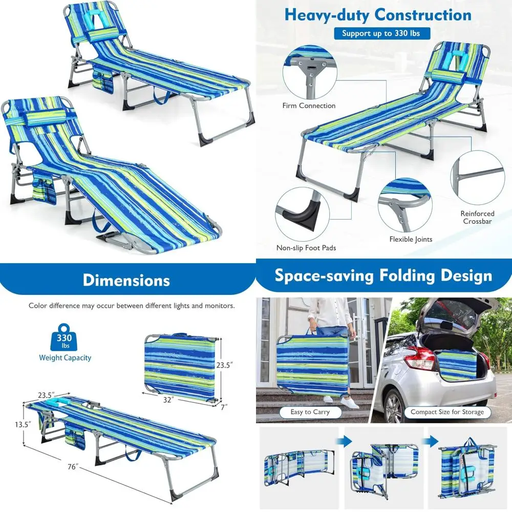 كرسي استرخاء قابل للطي قابل للتعديل مع فتحة ذراع للوجه، وسادة قابلة للغسل، جيب، مقبض حمل، وكراسي حمام سباحة تدوم طويلاً