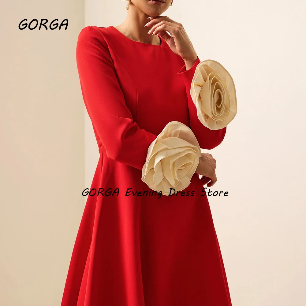 GORGA-vestido de fiesta rojo de crepé con cuello redondo, corte en A, ajustado, manga larga con flores, vestido para ocasión, vestido de noche Formal hasta el té, 2024