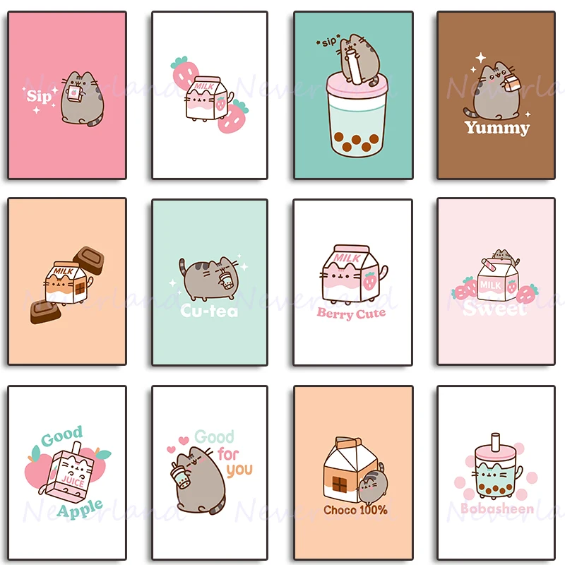 جميل الكرتون القط المشروبات الحليب الشاي لطيف Kawaii الملصقات قماش اللوحة و طباعة جدار الفن Makaron صورة ل Kidroom ديكور المنزل