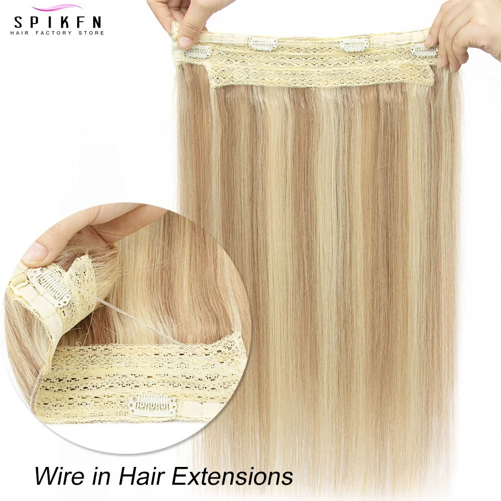 

Invisible Dark Brown Fish Line Human Hair Extensions Invisible Wire in with Clips on Weft Hair Extensions '12-22' Inch for Women