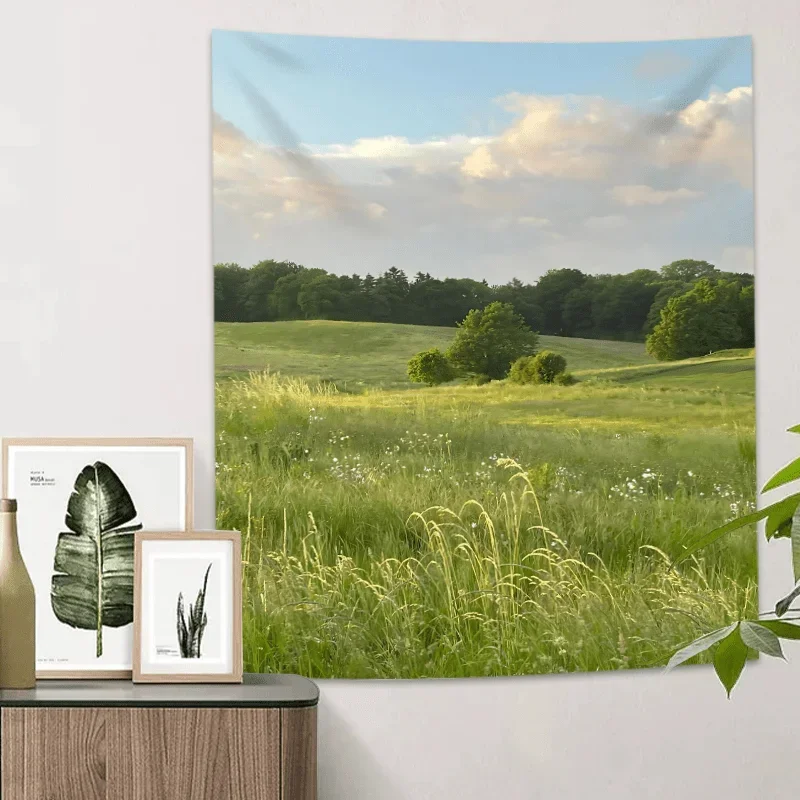 Green Meadow & Grassland Hanging Tapestry, High-Definition Nature Landscape Wall Decor for Living Room Backdrop