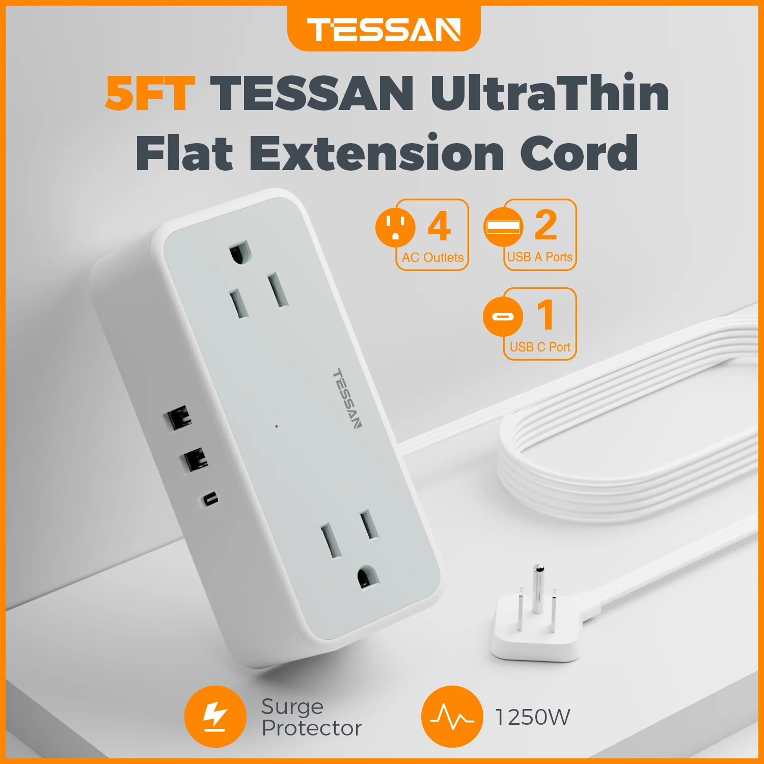 TESSAN Ultra Thin Extension Cord with 3 USB Wall Charger 3 Outlets Mini Charging Station for Cruise Travel Office School