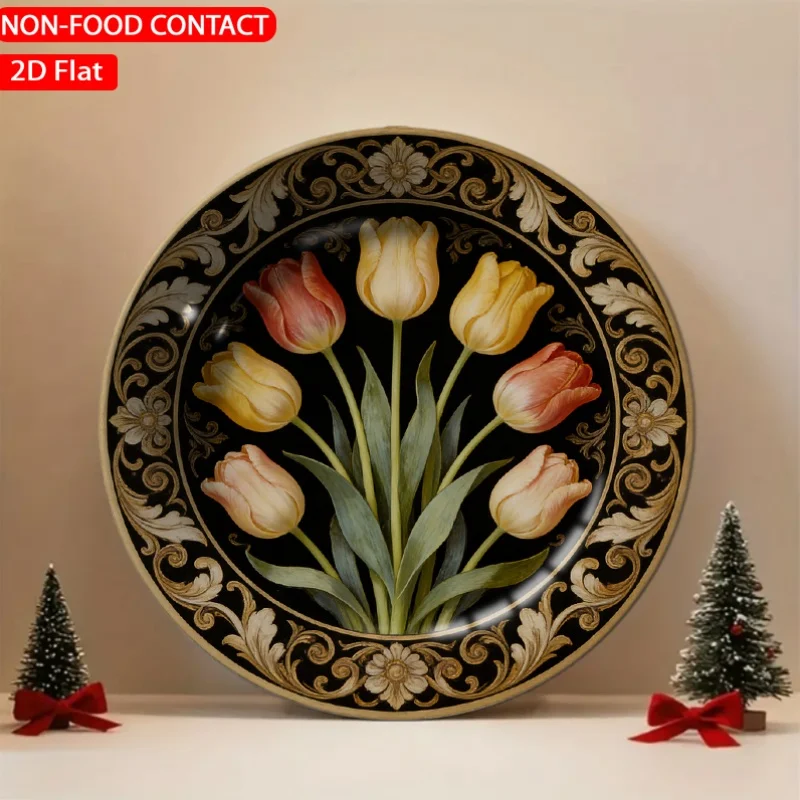 1pc Baroque Ornate Tulips Multi-Color Ceramic Plate Non-Food Contact, Home Desk Ornaments, Living Room And Bedroom Decorations,