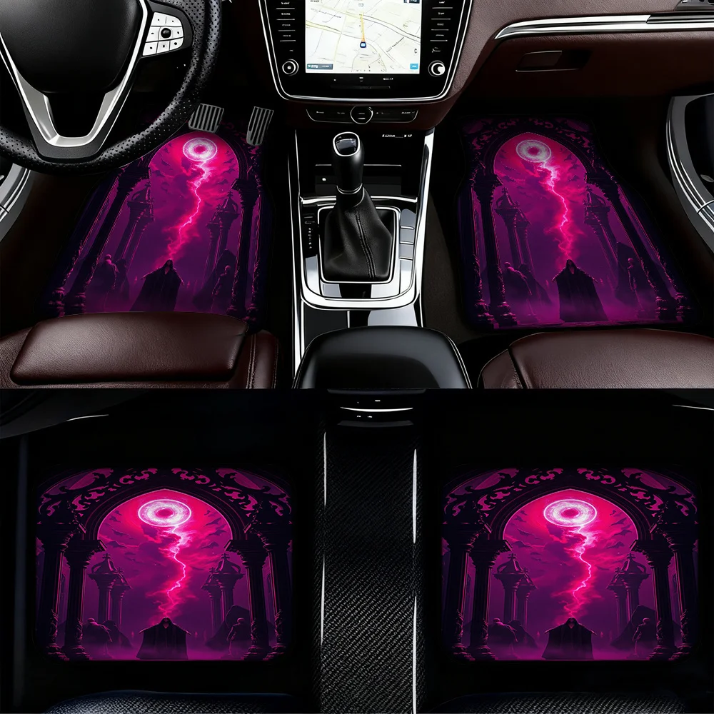 4pcs Car Mats Featuring Convenient Cleaning Surfaces And Gothic Dark Red Window Fantasy Motif, Compatible With Hatchbacks Or Sed