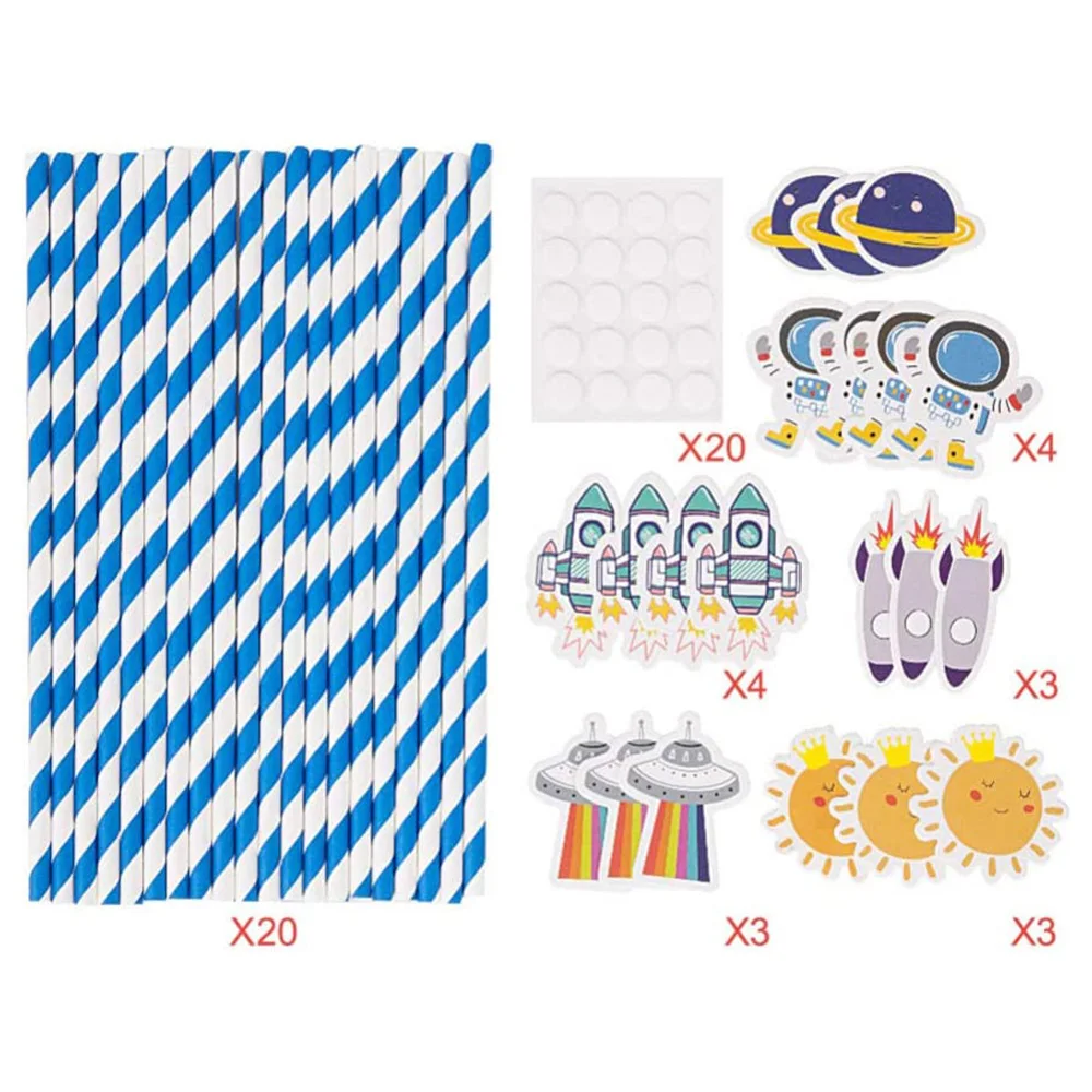 20/40pcs Outer Space Party Disposable Straw Paper Drinking Straw Astronaut Rocket Birthday Party Decoration