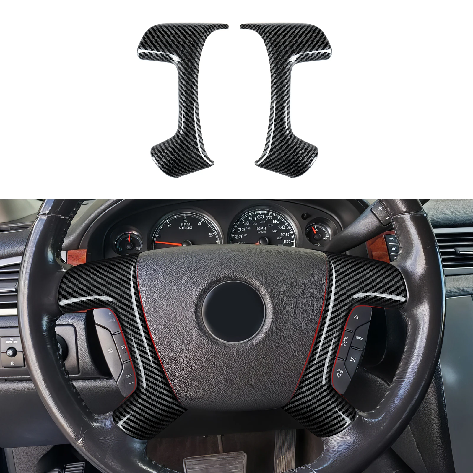 

For GMC Acadia Savana Sierra Yukon XL 2007- Present Trim Accessories, Car Steering Wheel Panel Cover, Carbon Fiber ABS Sticker