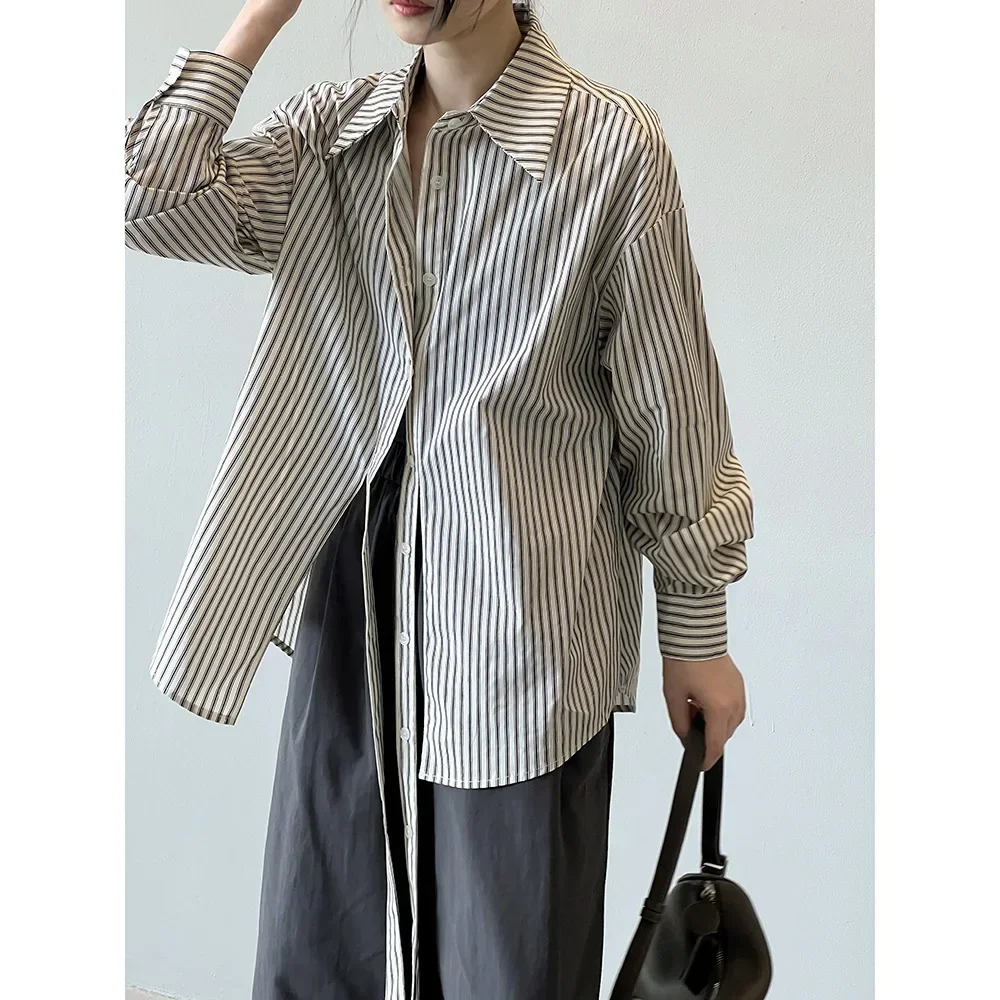 Relaxed Fit Long Sleeve Striped Shirt for Women - Brown and White Combo for a Casual, Stylish Look