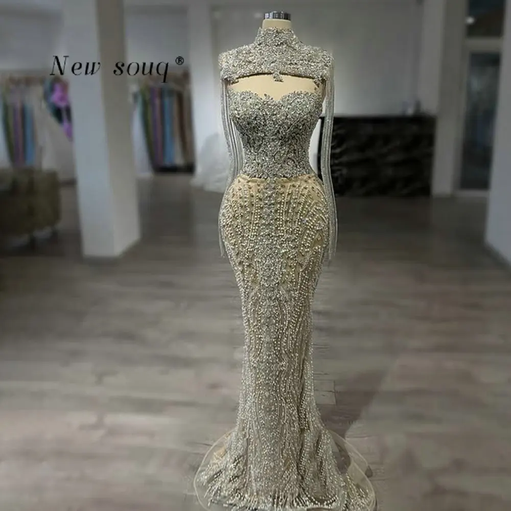 

Длинное вечернее платье-русалка из двух частей цвета шампань с кристаллами и бахромой, на заказ, для торжественных мероприятий, свадебных гостей и вечеринок