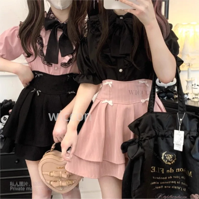 Y2K Jirai Kei Mine النمط الياباني Kawaii ملابس الدانتيل لوليتا فستان موضة قصيرة الأكمام القوس قميص النساء الفتيات حفلة مخصصة