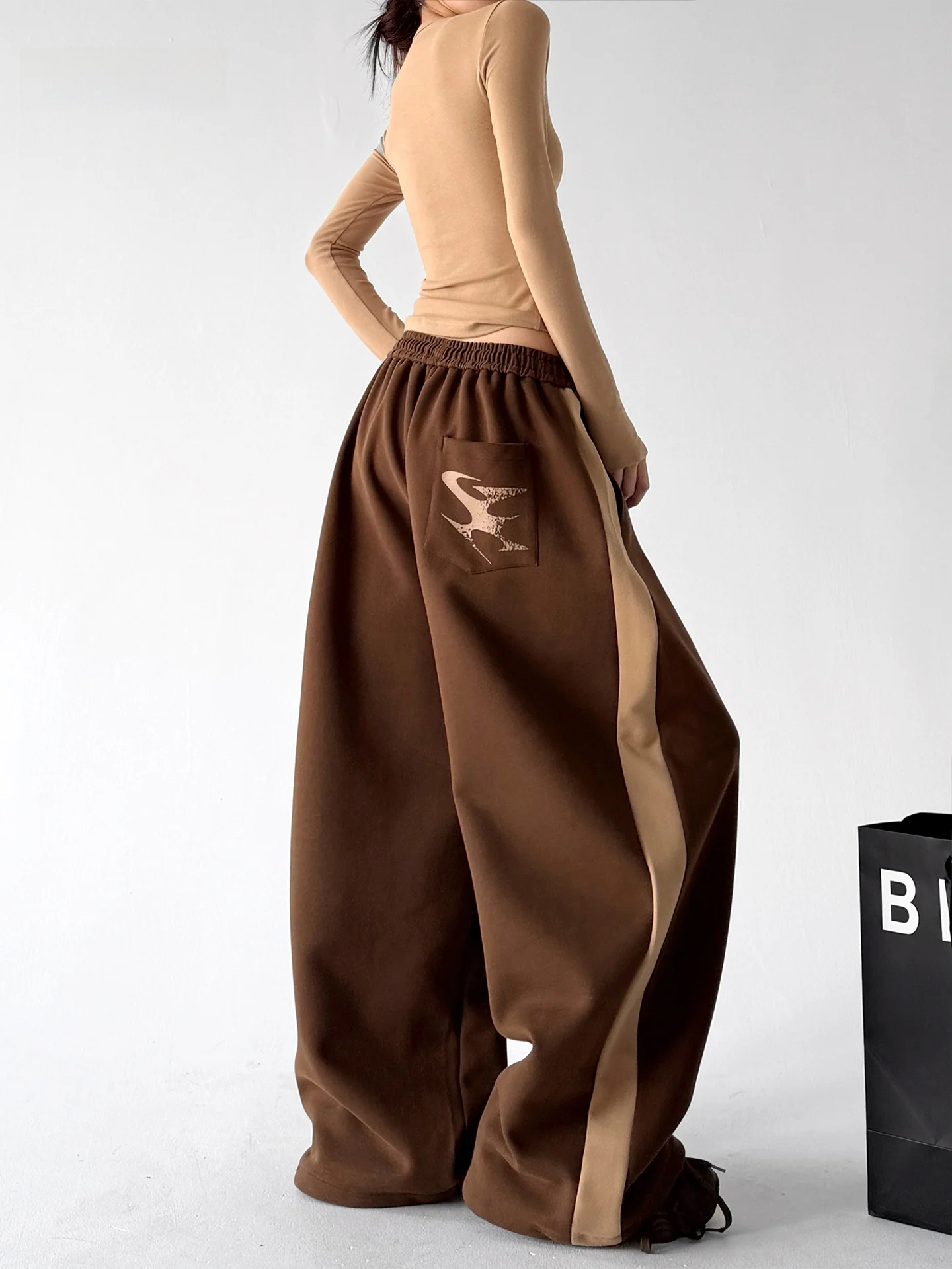 Loose Straight Leg Sport Pants Women's Coffee Color Casual Pants Travel Outdoor High Waist Knitted Cotton Polyester Blend