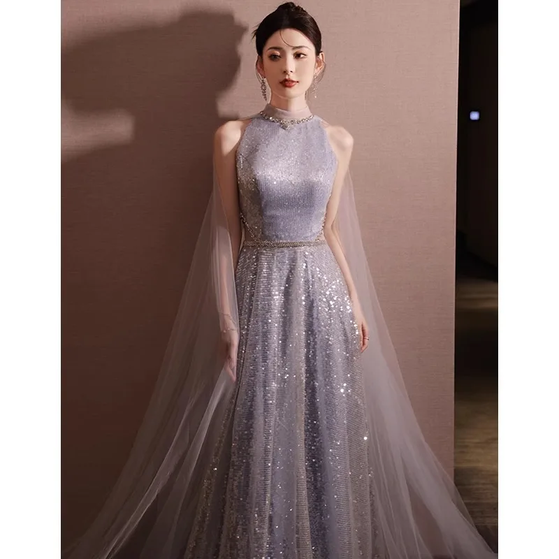 Elegant Shinning Sequins Evening Dress Women's Light Luxury Hollow Waist Halter Slim Fit Vestido Sleeveless Hanging Pleats Gown