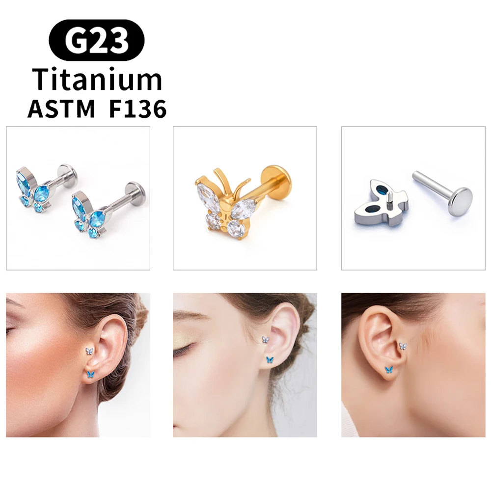 G23 titanio ASTM F136 Piercing orecchini a bottone moda farfalla zircone 16G orecchio Tragus cartilagine lobo Helix Daith gioielli da donna