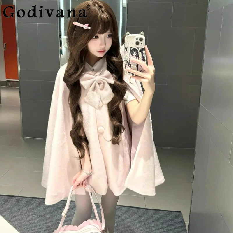 

Girls Winter Bow Cape Coat Japanese Style Sweet Bow Solid Color Wool Coat Female Bow Collar Princess High Street Woolen Coat