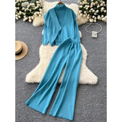 Autumn Elegant Pants Set Knitted Cardigan Vest Shawl Turtleneck Long Sleeve Knitwear Wide Leg Trousers Women Three-piece Set