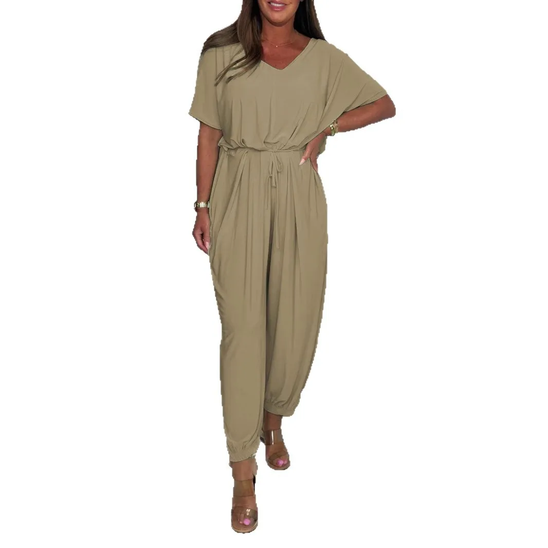 2025 Summer Commuting Women New Lace-up V-neck Jumpsuit Loose And Comfortable Solid Color Womens Go Out Versatile Style Jumpsuit