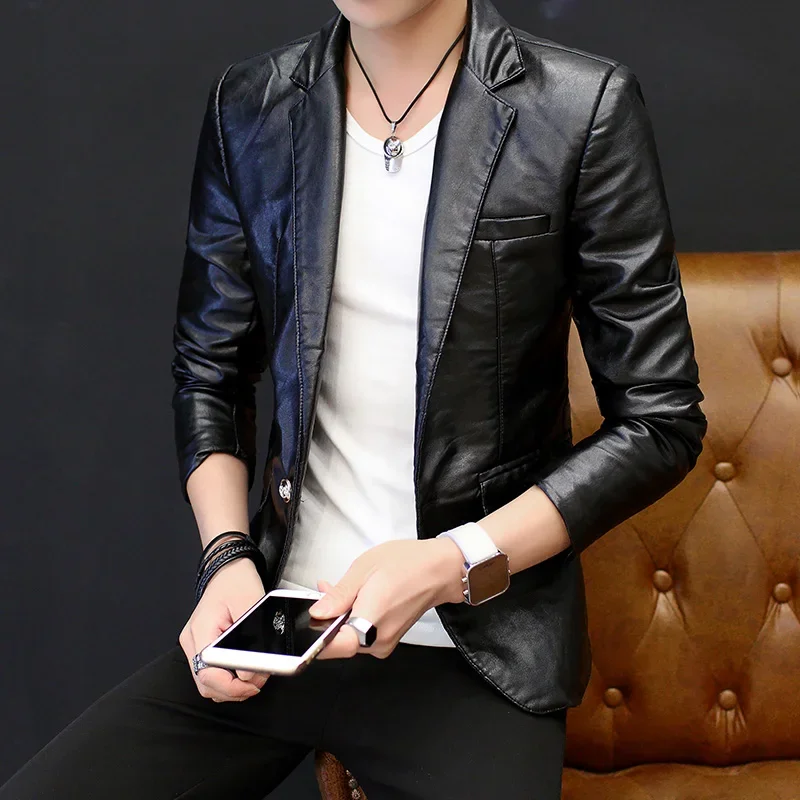 HOO 2024 men\'s leather blazer Personality trend handsome Young British cultivate one\'s morality blazer