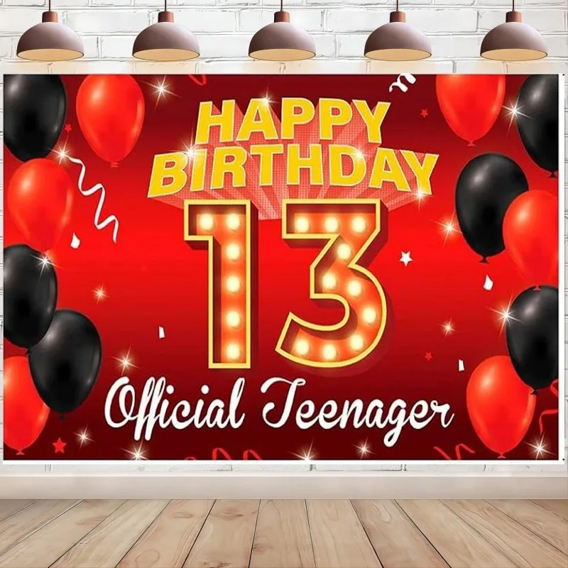 Happy 13th Birthday Backdrop Banner Official Teenager Photo Booth Props Red 13 Years Old Background Party Decoration Supplies