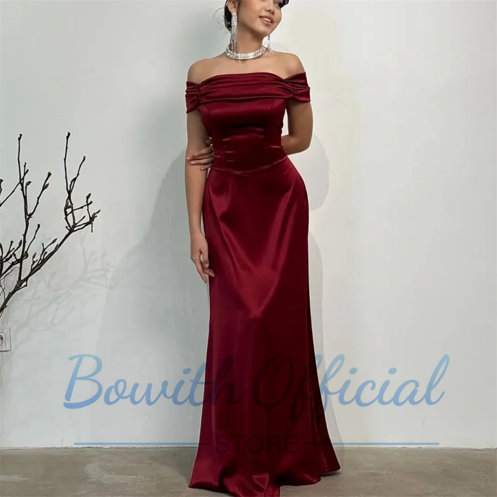 Bowith Burgundy gaun malam Formal dari bahu panjang lantai sederhana elegan gaun Prom untuk wanita vestidos de fiesta