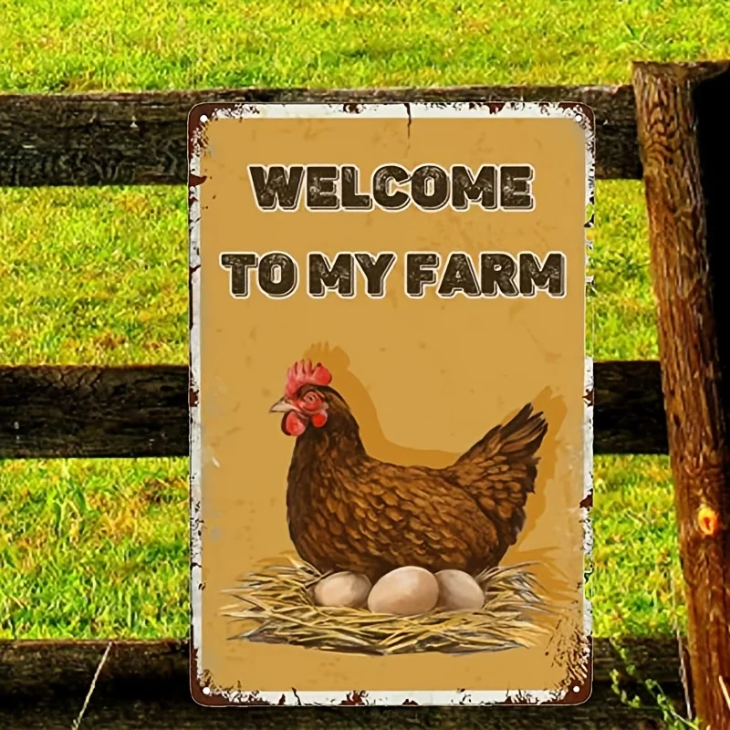 1pc Chicken Hen Welcome To My Farm Metal Sign, Vintage Metal Tin Sign, Bar Wall Decor, Fun Vintage Pattern Home Decor Tin Painti