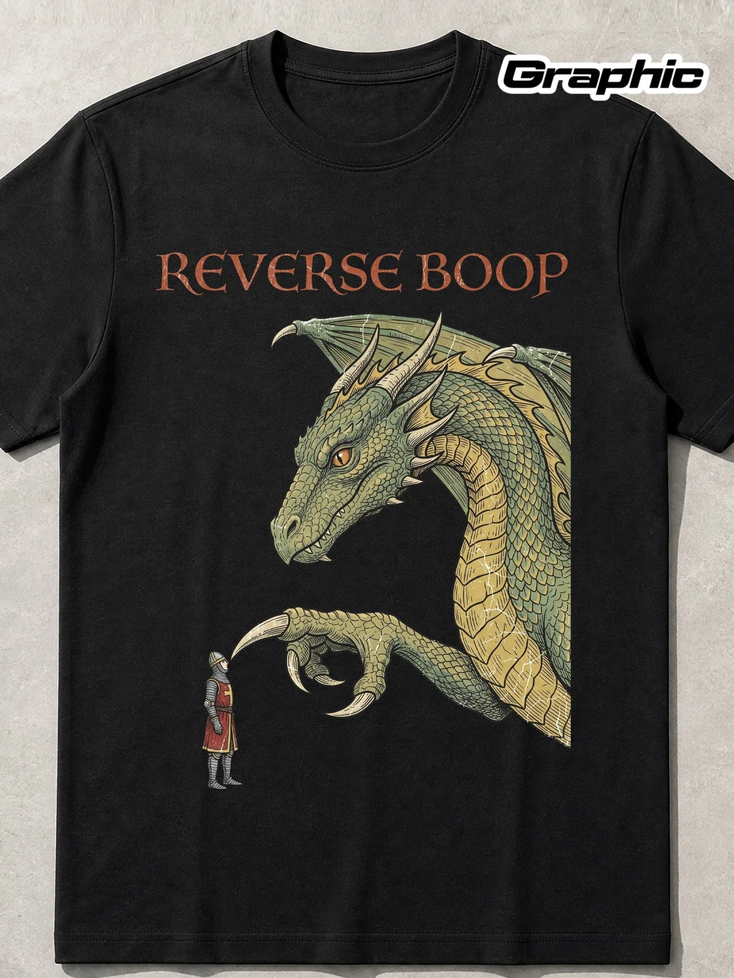 Reverse Boop Dragon TShirt for Men 100% Cotton with Vintage Fantasy Dragon Poking Tiny Knight Graphic Crewneck Top
