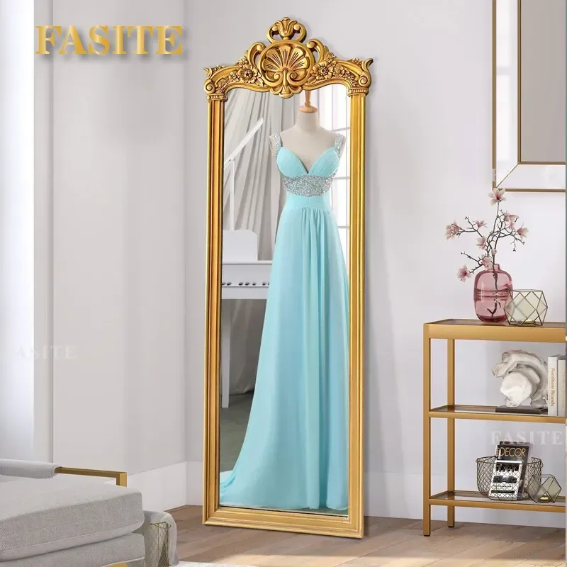 For European Home Bedroom Living Room Full Length Mirror Retro Carved Wood Frame High Definition Silver Mirror Light Luxury