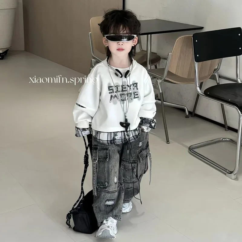 Boy Leisure Outdoor Streetwear Breathable Comfort Kids fake two piece Sweatshirt+Loose Jeans 2pcs Set Fashion Children's Outfit