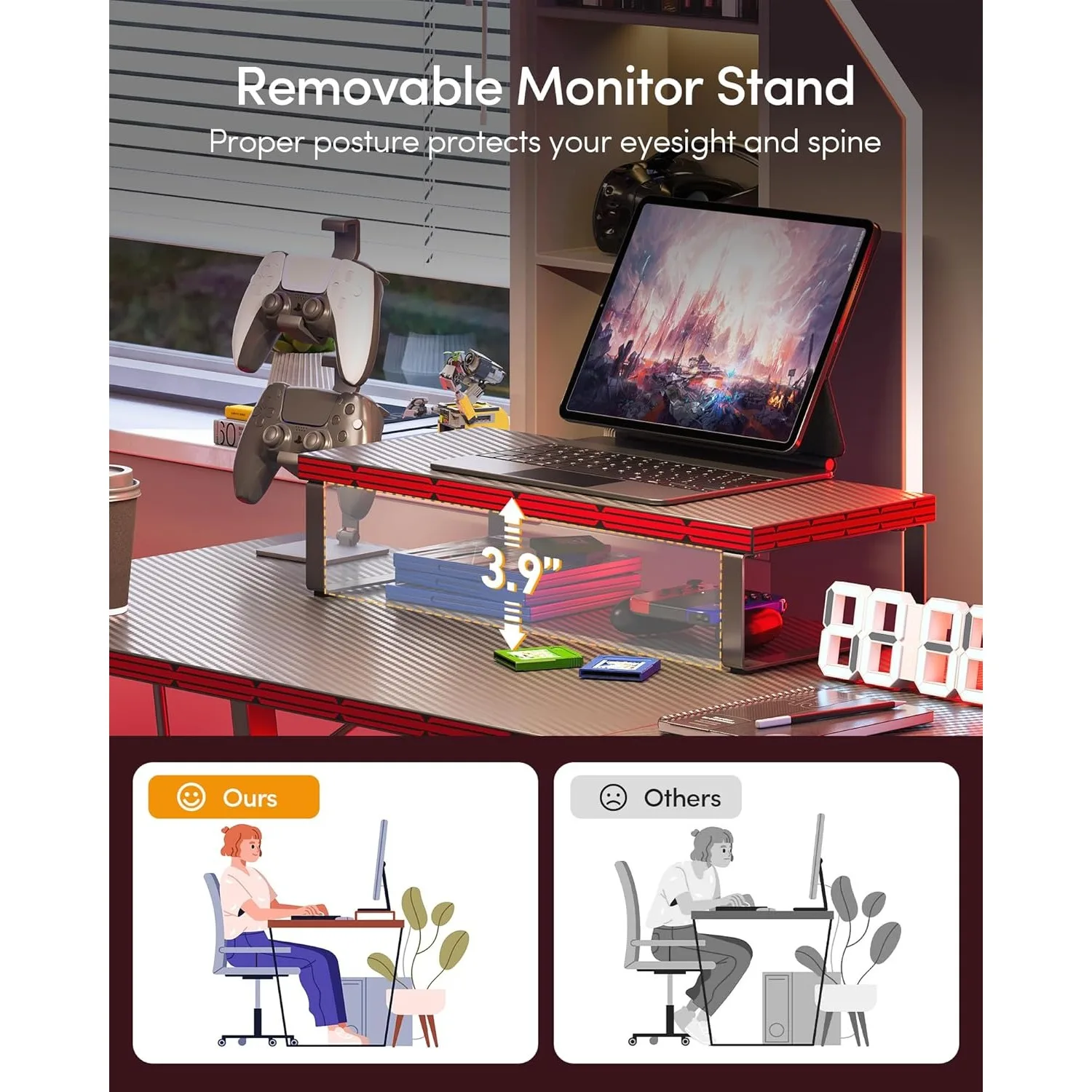 Shaped Gaming Desk Computer Office Desk with Carbon Fiber Surface, 47 inch Corner Desk with Large Monitor Stand for Home Office image 5