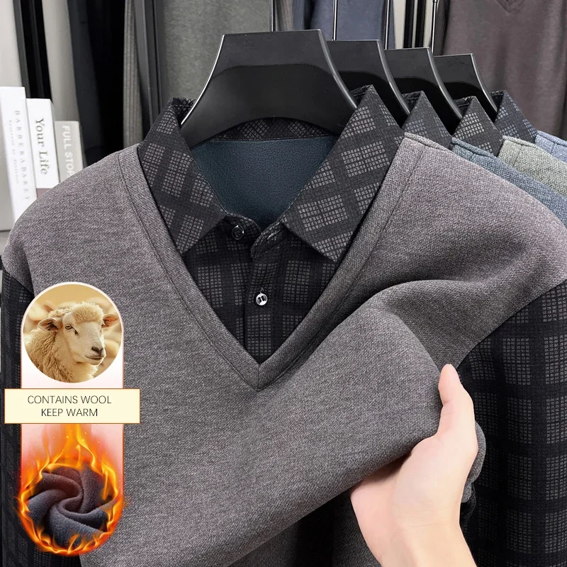 TFETTERS 2026 Elegant Winter Thicken Polo Shirt Men Long Sleeve Mock Two-piece Plaid Design Fleece Formal Polo Tops Men for Dad