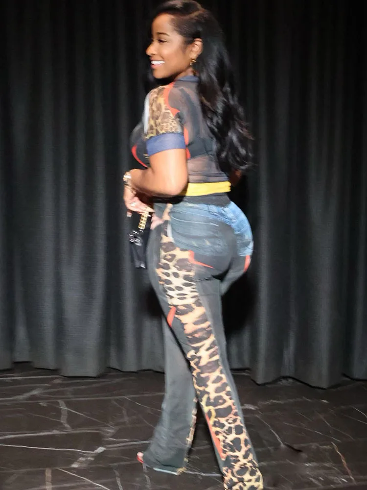 غريب سنور مثير المرأة 2 قطعة مجموعة انظر من خلال ليوبارد طباعة السراويل كم المحاصيل القمم مضيئة السراويل مطابقة كلوبوير نحيل وتتسابق