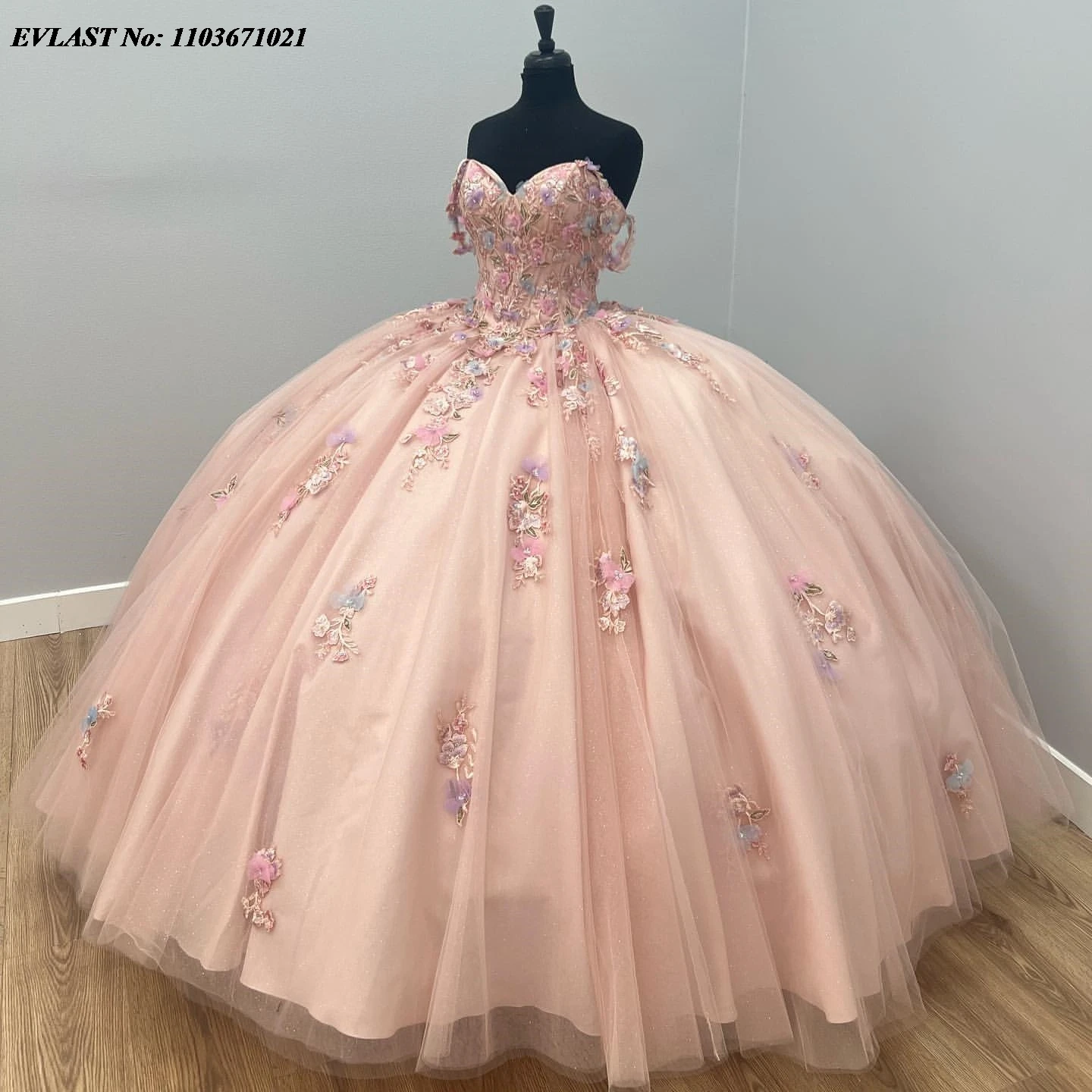 EVLAST-Blush mexicano vestido de baile rosa, espartilho 3D Floral Applique Beading, vestido Sweet 16, vestido Quinceanera, SQ340