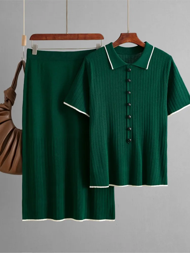 Casual Solid Polo Top Set per le donne Moda T-shirt a maniche corte + Gonne lunghe Set da 2 pezzi Lady 0ffice Vacanza Abbigliamento donna